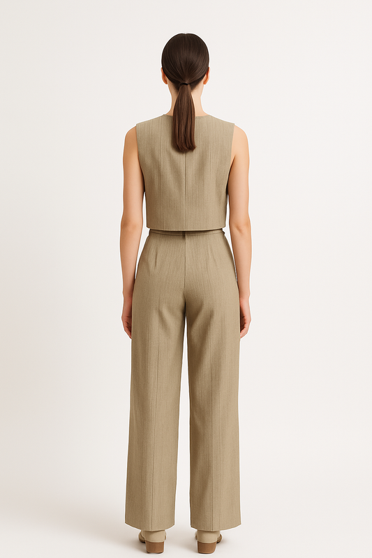 Beige Elegance in a Pinstriped Jumpsuit
