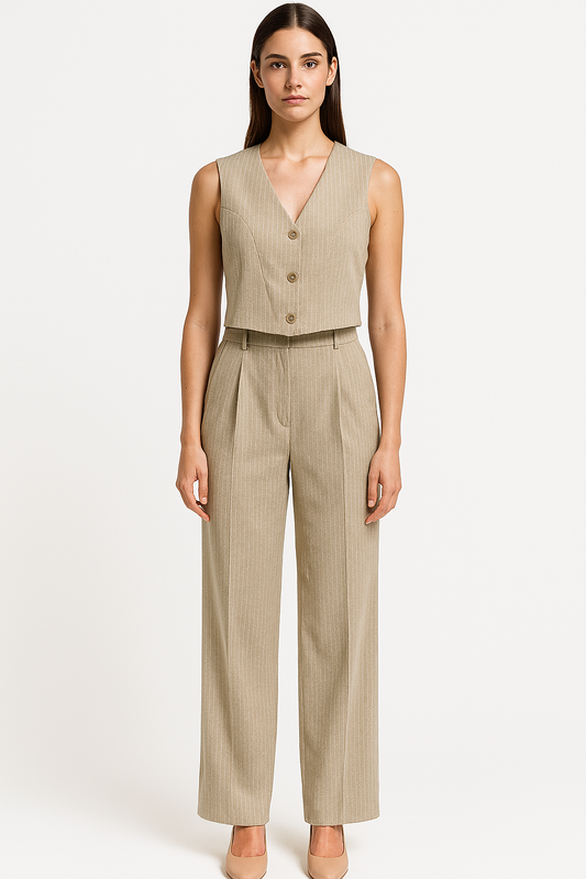 Beige Elegance in a Pinstriped Jumpsuit